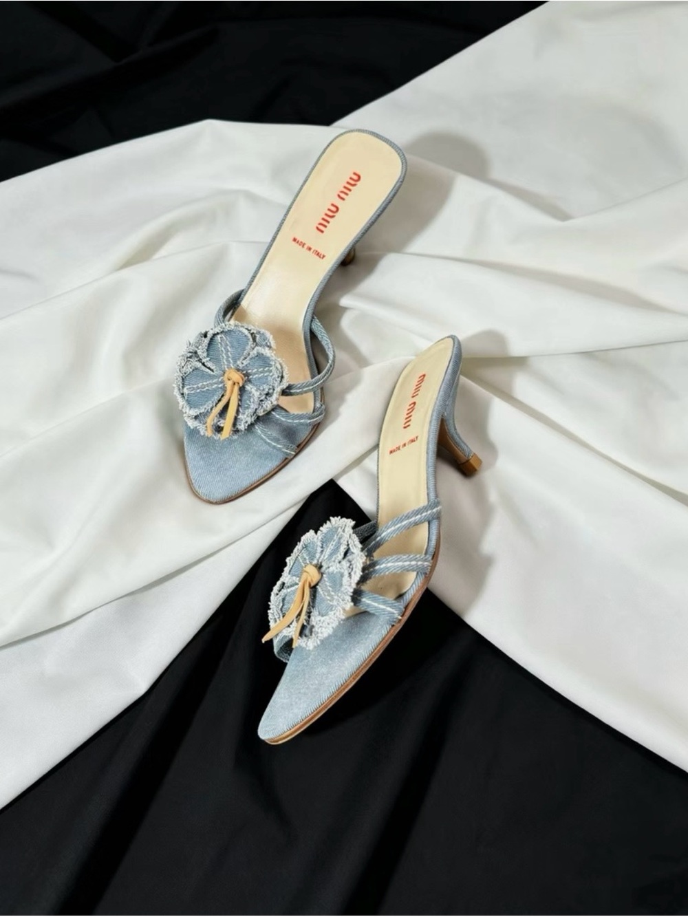 Miu Miu Light Blue Denim Floral Knot Slide Mules - Picture 5 of 6
